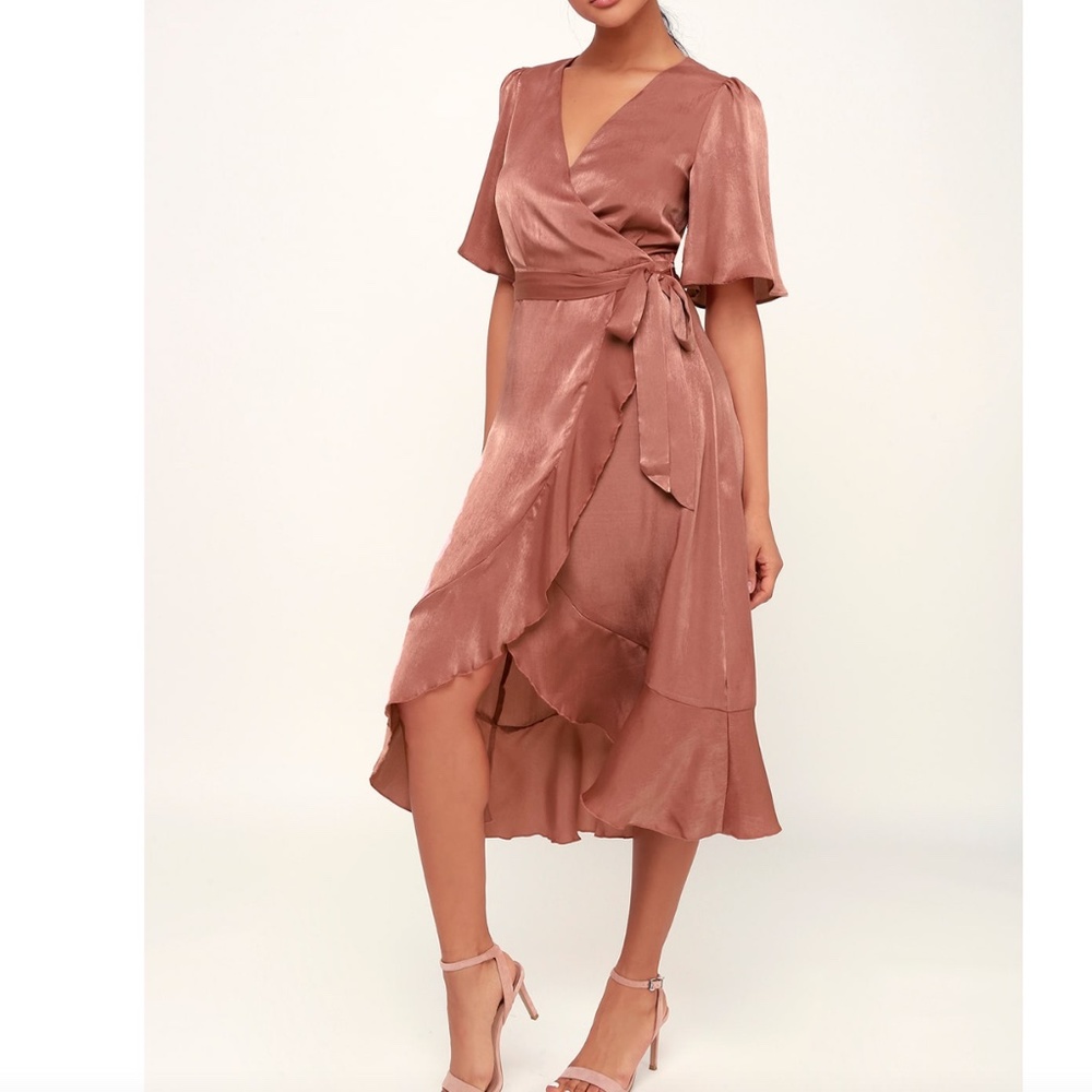Lulu's Wrapped Up In Love Mauve Satin Faux-Wrap Midi Dress (Rose Pink XS)